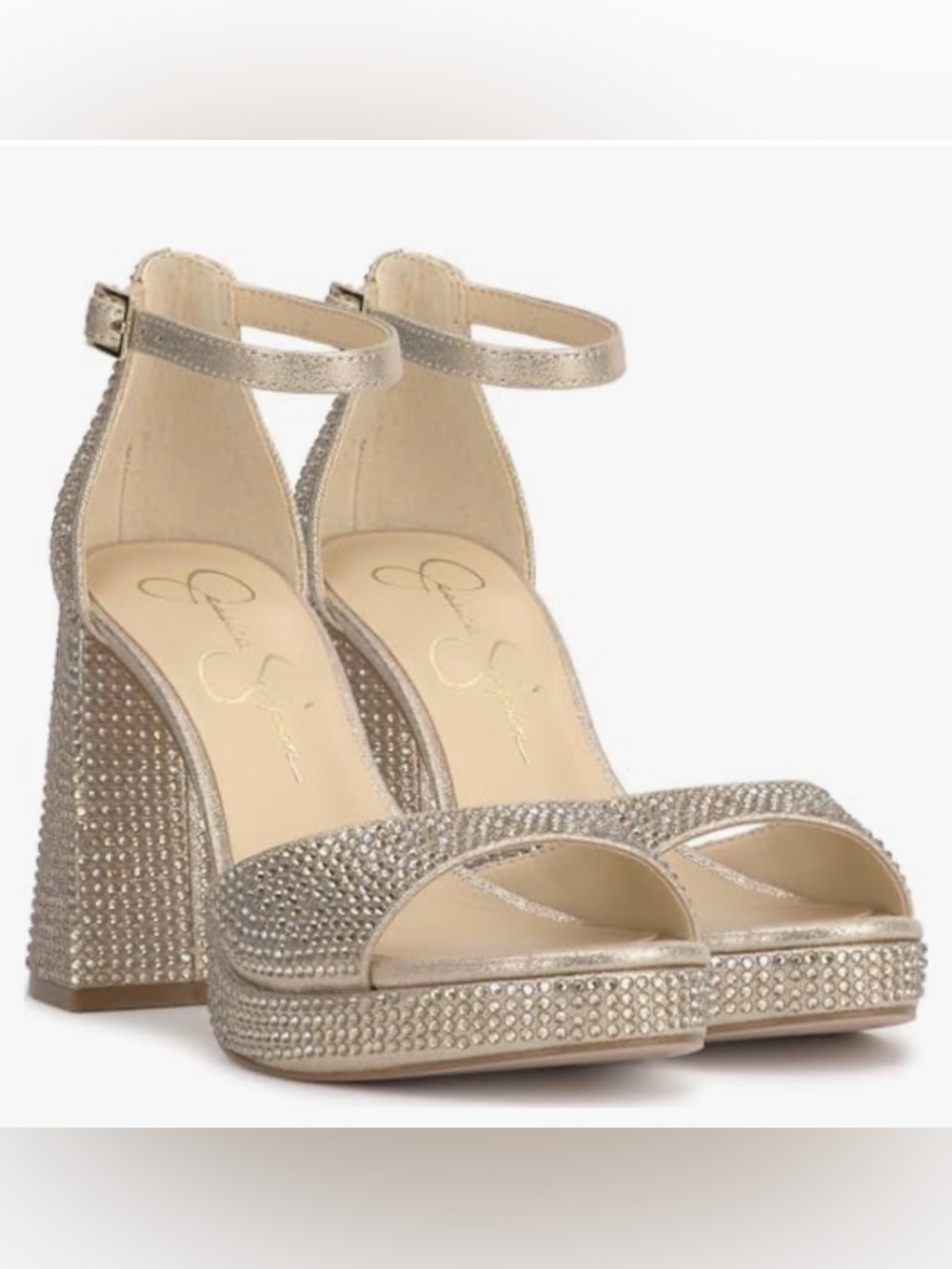 Jessica Simpson Gold Rhinestone Platform Ankle-Strap Sandals